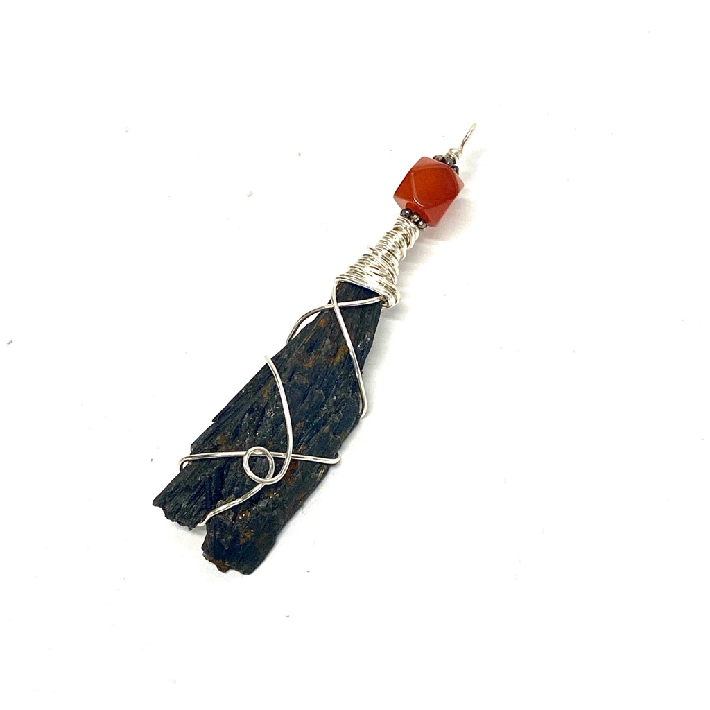 Handmade Genuine Kyanite Fan And Carnelian Hand Wrapped Statement Pendant, Gift